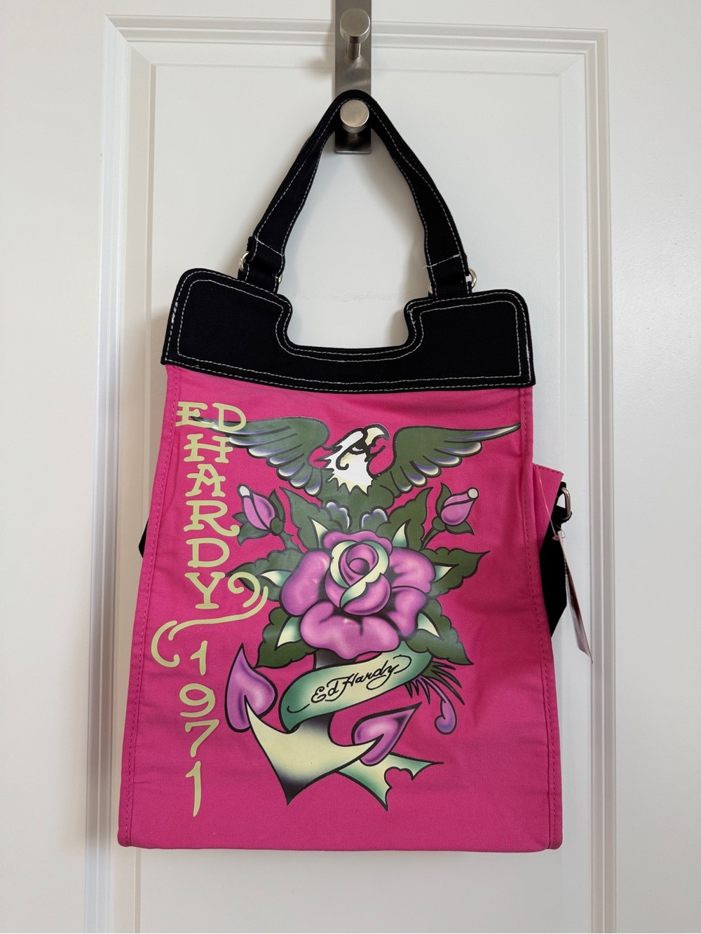 NWT Vintage Y2K Ed Hardy Pink Eagle Rose Anchor Canvas Tote Bag / Crossbody